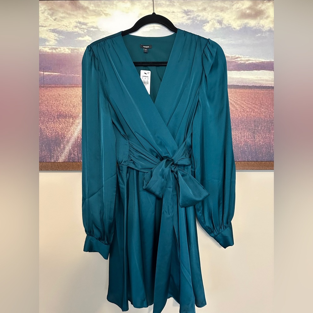 Express Teal Wrap Dress with Long Sleeves